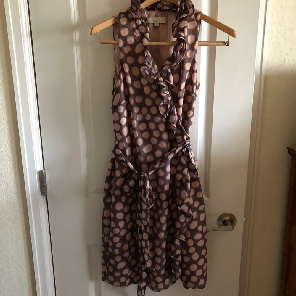 Loft Brown wrap around polka dot dress size 6